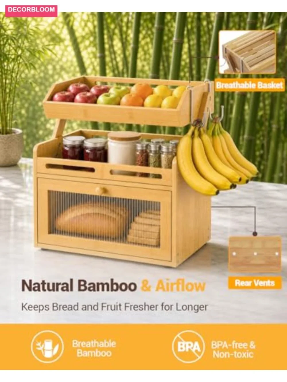 Bamboo Bread Box with Fruit Basket, Clear Door Magnetic Closure, Kitchen